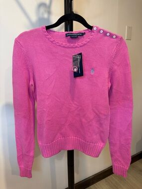Ralph Lauren Pink Crewneck Knit Sweater with Button Shoulder